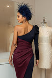 One Shoulder Burgundy and Navy Ruched Midi Mother Of The Bride Dress