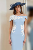 One Shoulder Light Blue Appliqued Sheath Mother Of The Bride Dress