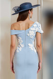 One Shoulder Light Blue Appliqued Sheath Mother Of The Bride Dress
