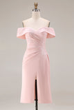 Blush Pink Satin Off The Shoulder Midi Mother Of The Bride Dress with Slit