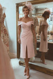 Blush Pink Satin Off The Shoulder Midi Mother Of The Bride Dress with Slit