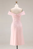 Blush Pink Satin Off The Shoulder Midi Mother Of The Bride Dress with Slit