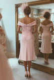 Blush Pink Satin Off The Shoulder Midi Mother Of The Bride Dress with Slit