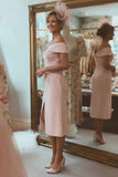 Blush Pink Satin Off The Shoulder Midi Mother Of The Bride Dress with Slit