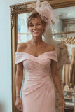Blush Pink Satin Off The Shoulder Midi Mother Of The Bride Dress with Slit
