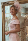 Blush Pink Satin Off The Shoulder Midi Mother Of The Bride Dress with Slit