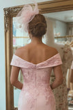 Blush Pink Satin Off The Shoulder Midi Mother Of The Bride Dress with Slit