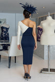 Black and White One Shoulder Sheath Midi Mother Of The Bride Dress