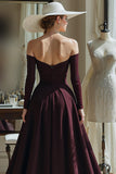 Cabernet Satin A Line Off the Shoulder Long Sleeves Mother of the Bride Dress