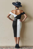 Black and White Sheath Off The Shoulder Midi Mother Of The Bride Dress with Slit