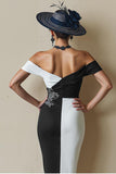 Black and White Sheath Off The Shoulder Midi Mother Of The Bride Dress with Slit