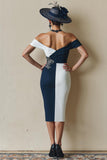 Black and White Sheath Off The Shoulder Midi Mother Of The Bride Dress with Slit