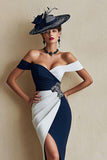 Black and White Bodycon Off The Shoulder Midi Mother Of The Bride Dress with Slit