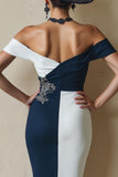 Black and White Sheath Off The Shoulder Midi Mother Of The Bride Dress with Slit