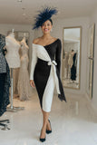 Black and White Bodycon Long Sleeves Midi Mother Of The Bride Dress with Sash