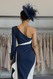 White Navy Bodycon One Shoulder Midi Mother Of The Bride Dress with Sash