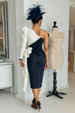 One Shoulder Black and White Bodycon Midi Mother Of The Bride Dress with Sash