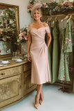 Dusty Rose Off the Shoulder Sheath Ruched Midi Mother Of The Bride Dress