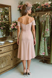 Dusty Rose Off the Shoulder Sheath Ruched Midi Mother Of The Bride Dress