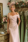 Dusty Rose Off the Shoulder Sheath Ruched Midi Mother Of The Bride Dress