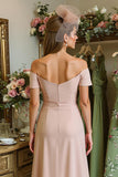 Dusty Rose Off the Shoulder Sheath Ruched Midi Mother Of The Bride Dress