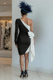 Black One Shoulder Bodycon Midi Mother Of The Bride Dress with Bow
