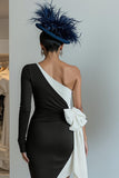 Black One Shoulder Bodycon Midi Mother Of The Bride Dress with Bow