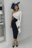 One Shoulder Black and White Bodycon Long Mother Of The Bride Dress with Sash