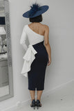 One Shoulder Black and White Bodycon Long Mother Of The Bride Dress with Sash