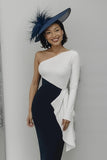 One Shoulder Black and White Bodycon Long Mother Of The Bride Dress with Sash