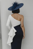 One Shoulder Black and White Bodycon Long Mother Of The Bride Dress with Sash