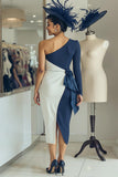 White Navy One Shoulder Bodycon Midi Mother Of The Bride Dress with Sash