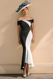 Black and White Mermaid Satin Off the Shoulder Long Mother of the Bride Dress
