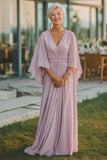 Dusty Rose Chiffon Ruched V-Neck Long Mother Of The Bride Dress with Half Sleeves