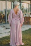 Dusty Rose Chiffon Ruched V-Neck Long Mother Of The Bride Dress with Half Sleeves
