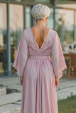 Dusty Rose Chiffon Ruched V-Neck Long Mother Of The Bride Dress with Half Sleeves