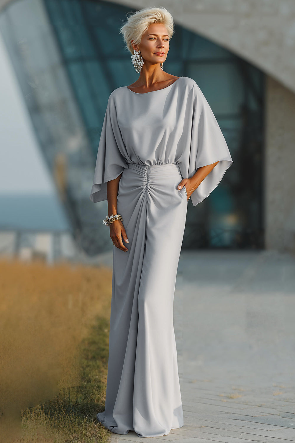 Zapaka Women Silver Sheath Long Mother Of The Bride Dress with Sleeves Ruched Boat Neck Wedding Guest Dress with Pocket – ZAPAKA AU