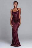 Sparkly Burgundy Halter Ruched Mermaid Long Formal Dress