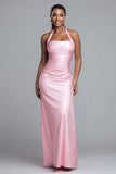 Halter Pink Satin Sheath Long Formal Dress