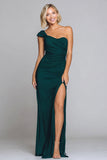 Dark Green One Shoulder Ruched Long Formal Dress with Slit