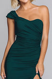 Dark Green One Shoulder Ruched Long Formal Dress with Slit