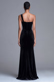 Black Velvet One Shoulder Mermaid Sequin Long Formal Dress with Slit