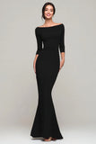 Black Mermaid Boat Neck Long Formal Dress with Sleeves