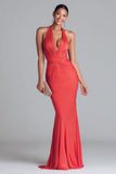 Watermelon Halter Mermaid Ruched Long Formal Dress