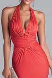Watermelon Halter Mermaid Ruched Long Formal Dress