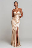 Champagne Sheath Satin Sweetheart Long Formal Dress with Slit