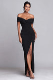 Black Mermaid Off the Shoulder Long Formal Dress with Slit