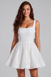 Sparkly A Line Square Neck Sequins Short Graduation Dress with Back Giant Bow