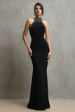 Halter Mermaid Black Long Formal Dress with Beading
