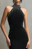 Halter Mermaid Black Long Formal Dress with Beading